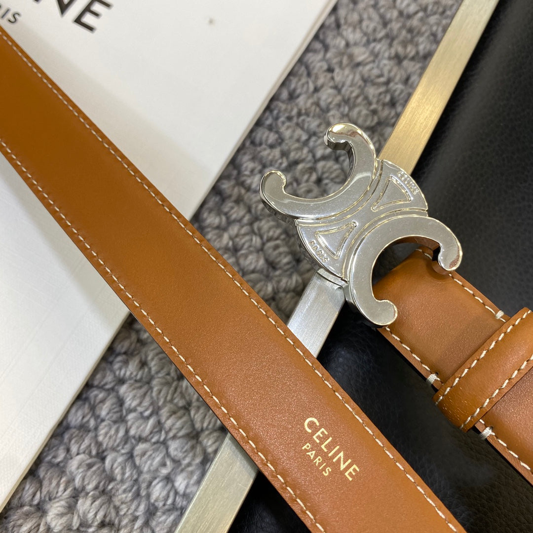 TRIOMPHE BELT 25MM IN BROWN CALFSKIN SILVER BUCKLE GOLD LOGO - 30