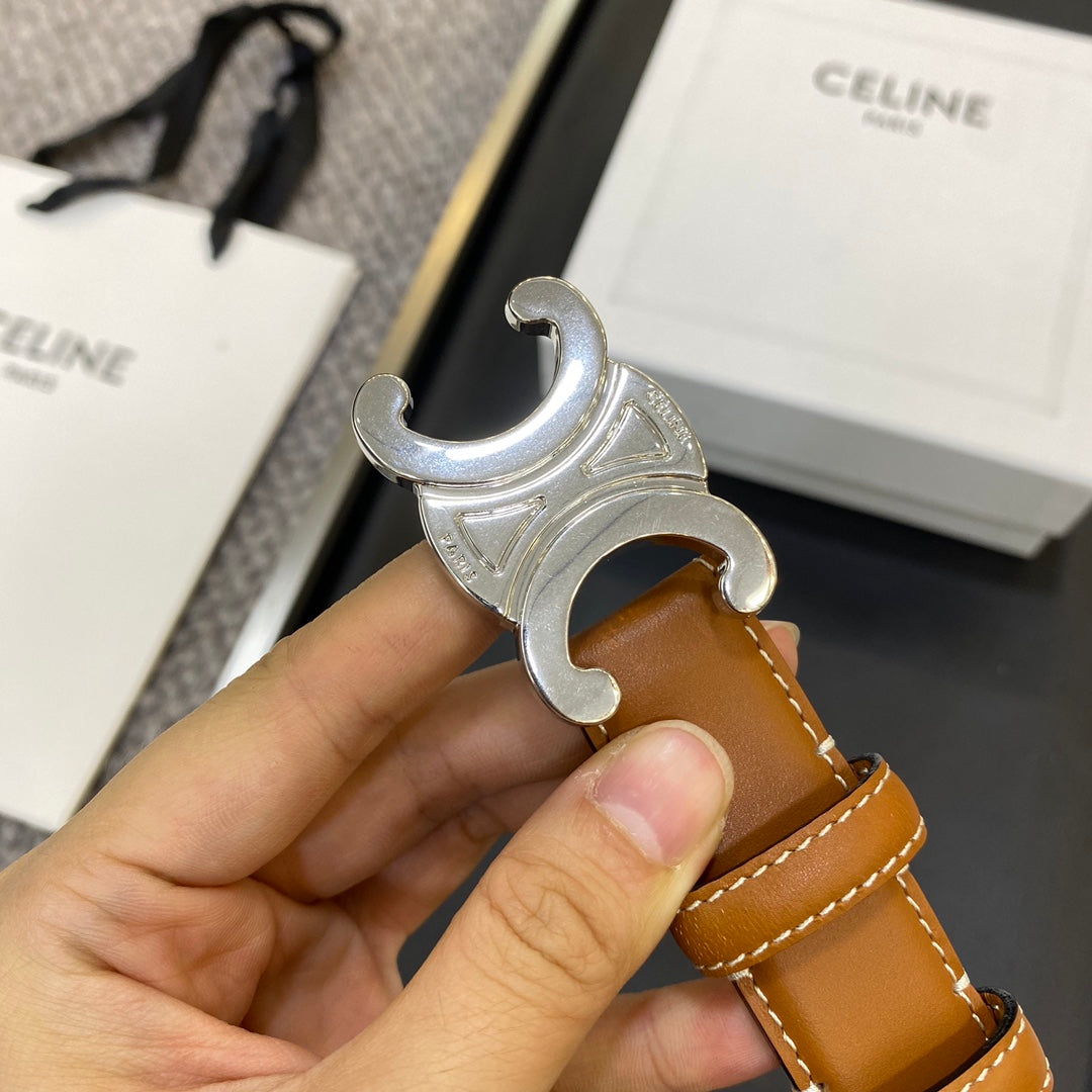 TRIOMPHE BELT 25MM IN BROWN CALFSKIN SILVER BUCKLE GOLD LOGO - 30