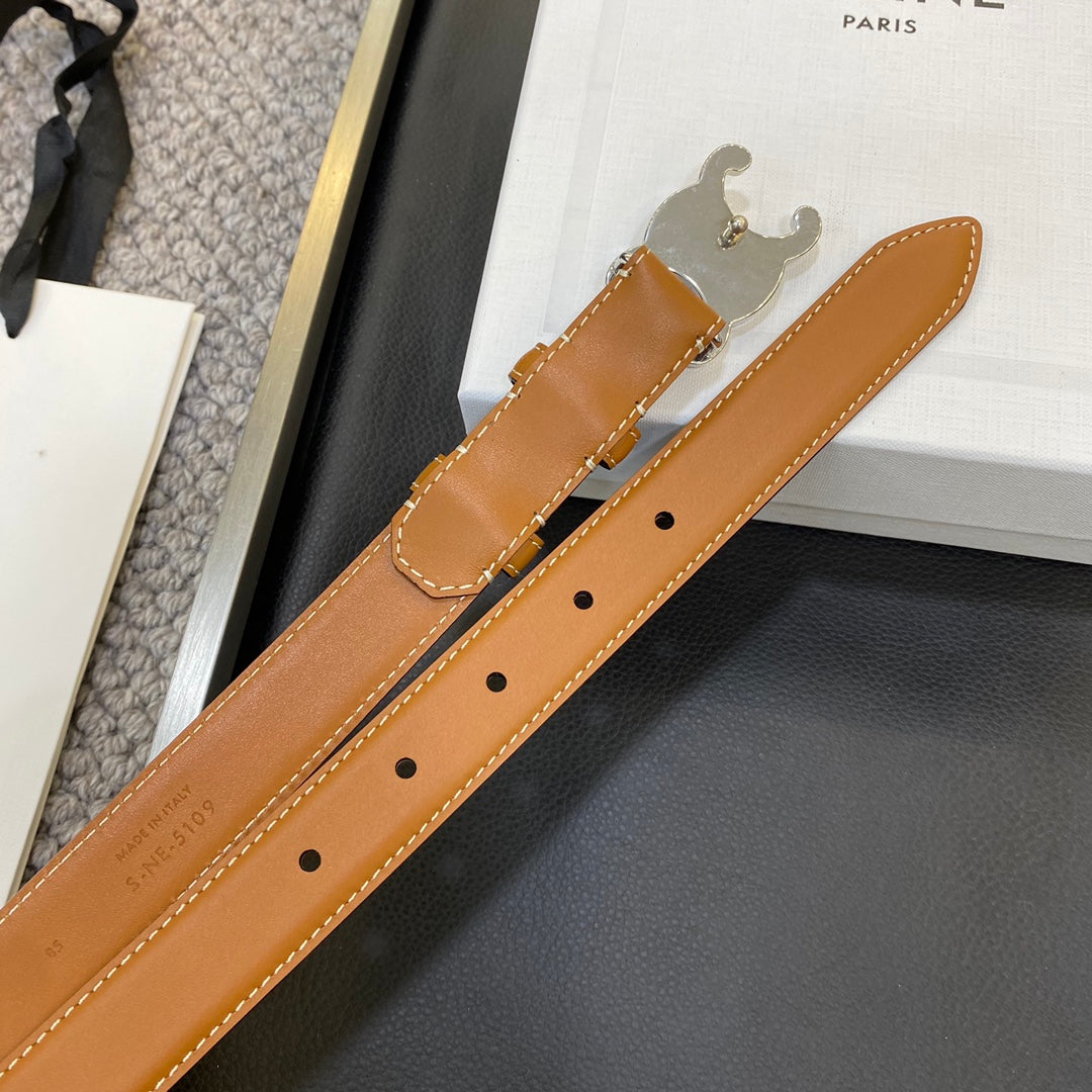 TRIOMPHE BELT 25MM IN BROWN CALFSKIN SILVER BUCKLE GOLD LOGO - 30