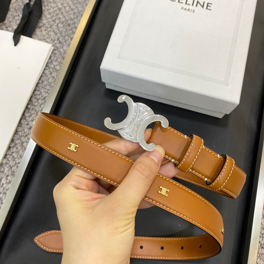 TRIOMPHE BELT 25MM IN BROWN CALFSKIN SILVER BUCKLE GOLD LOGO - 30