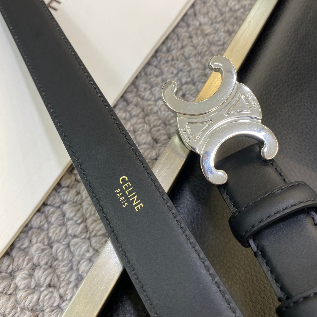 TRIOMPHE BELT 25MM IN BLACK CALFSKIN SILVER BUCKLE GOLD LOGO - 30