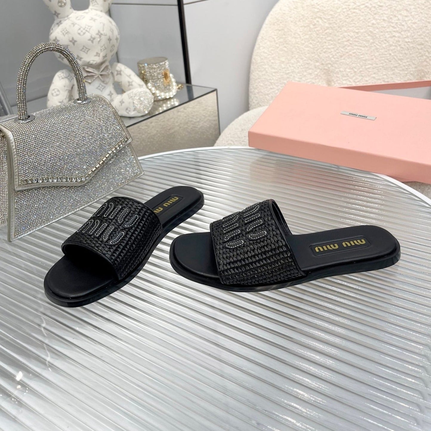 Slippers Black Leather With Sedge Straps - 35