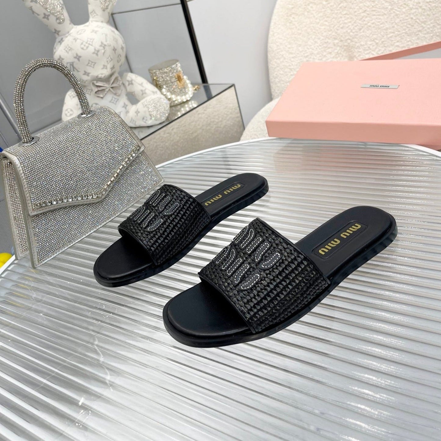 Slippers Black Leather With Sedge Straps - 35