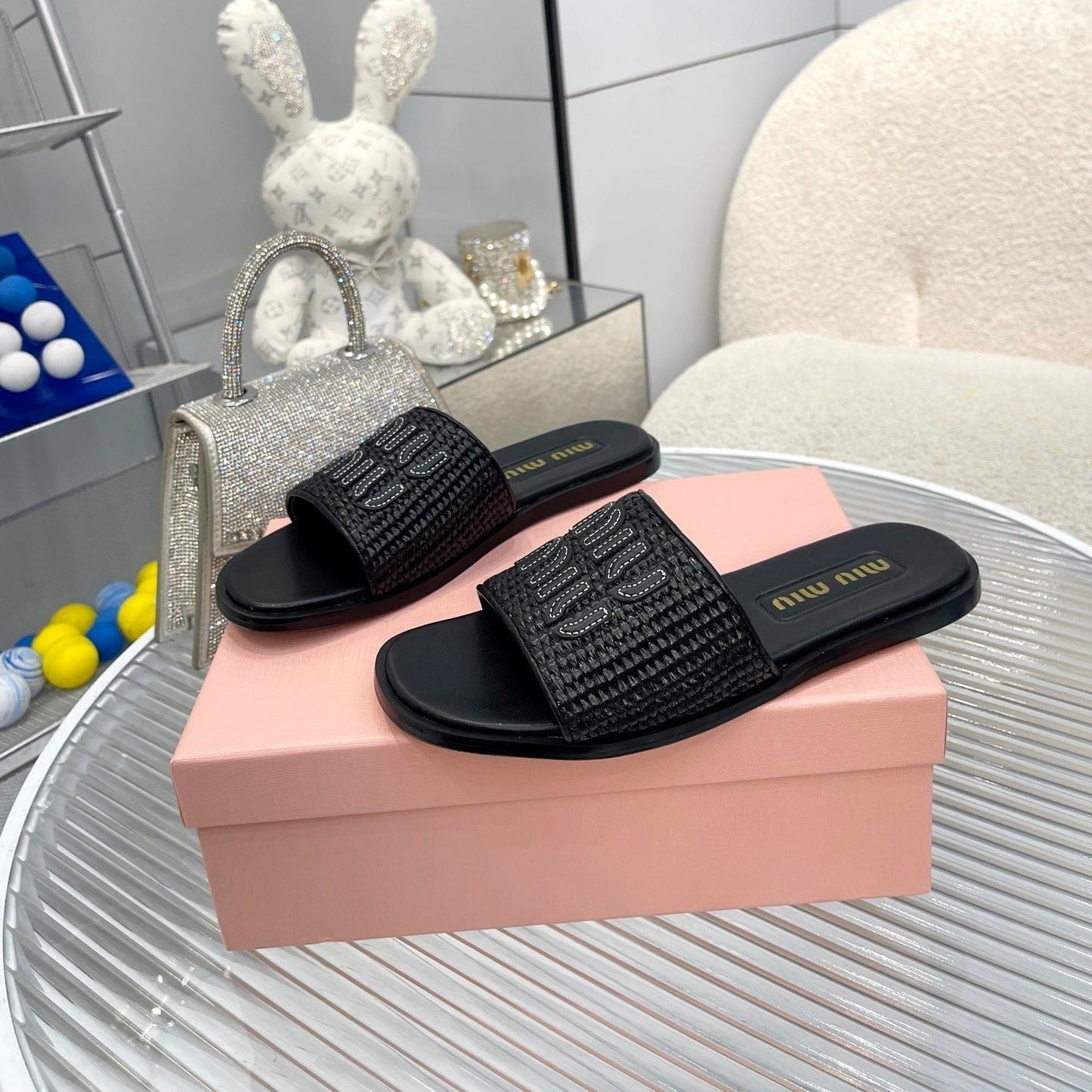 Slippers Black Leather With Sedge Straps - 35