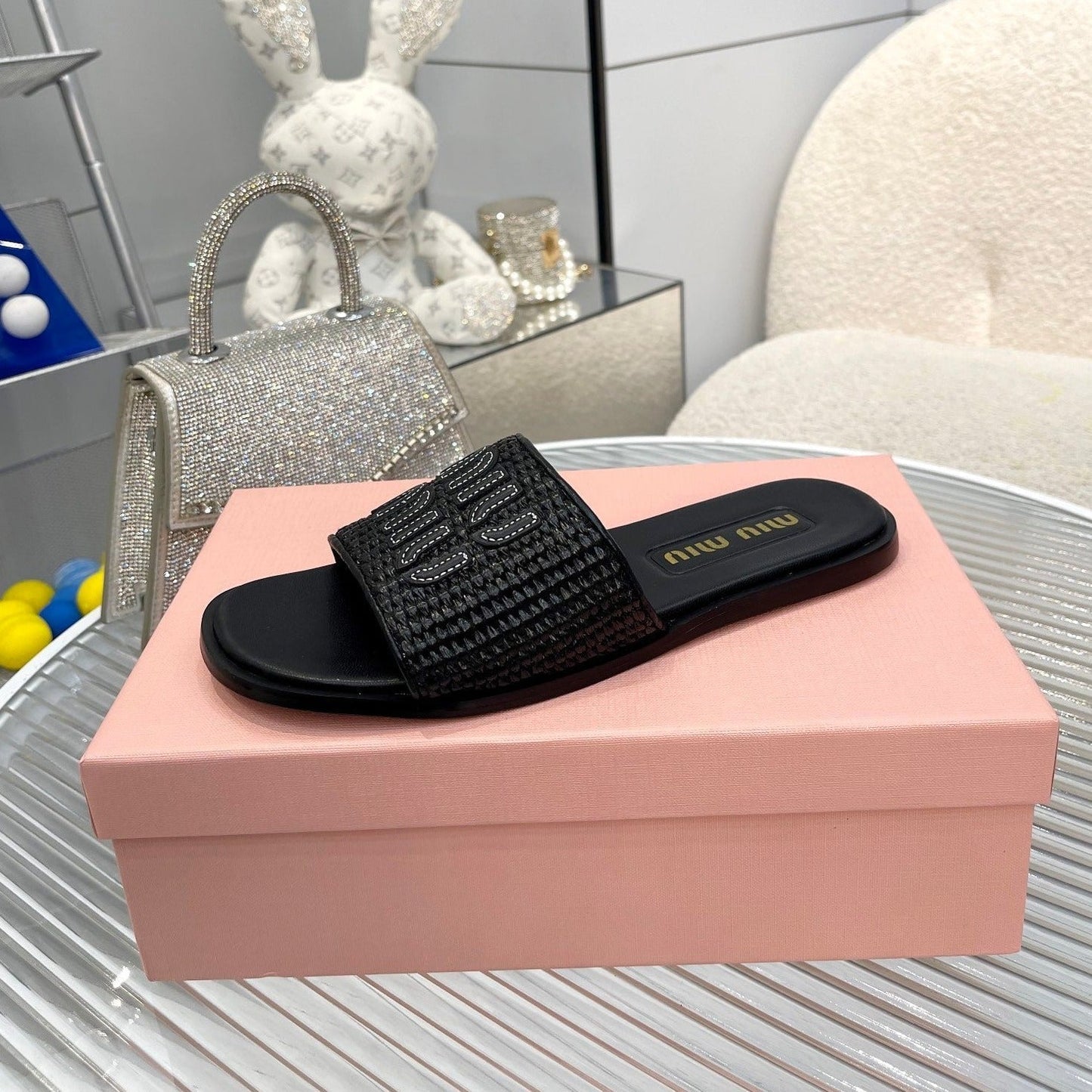 Slippers Black Leather With Sedge Straps - 35