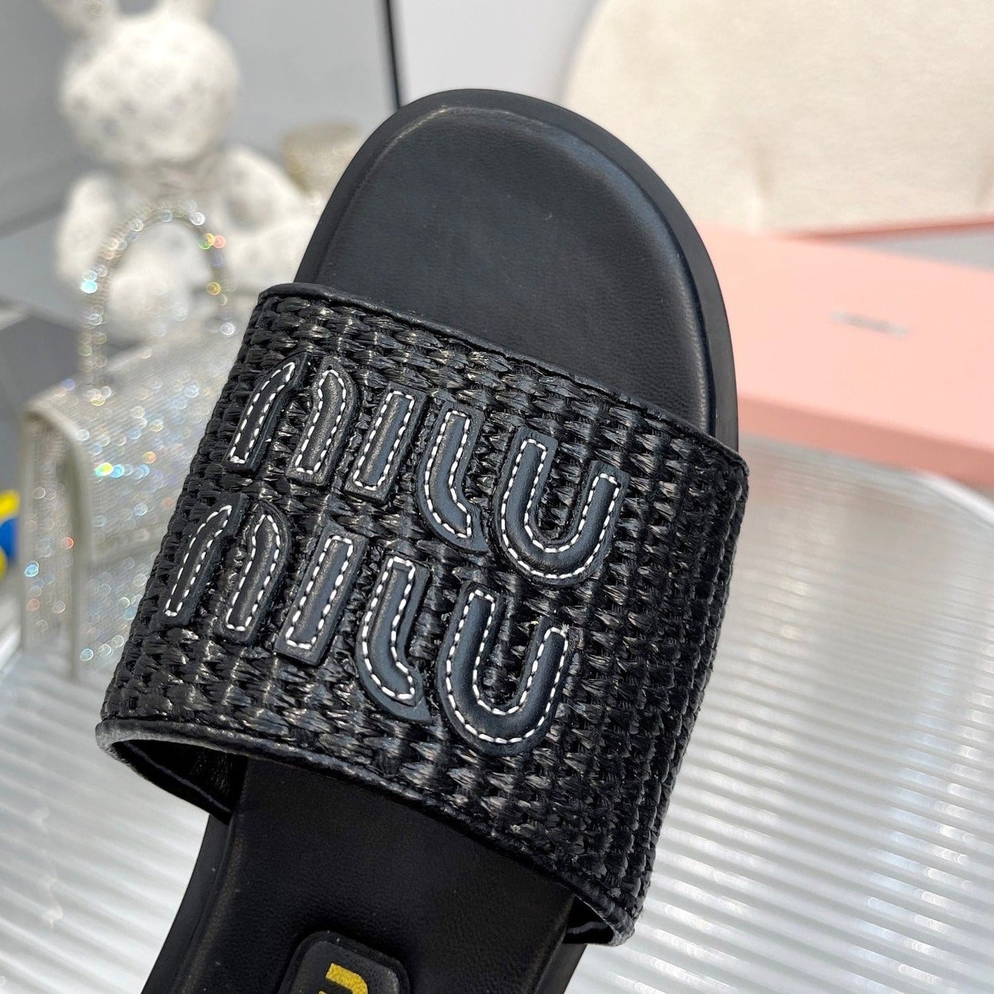 Slippers Black Leather With Sedge Straps - 35