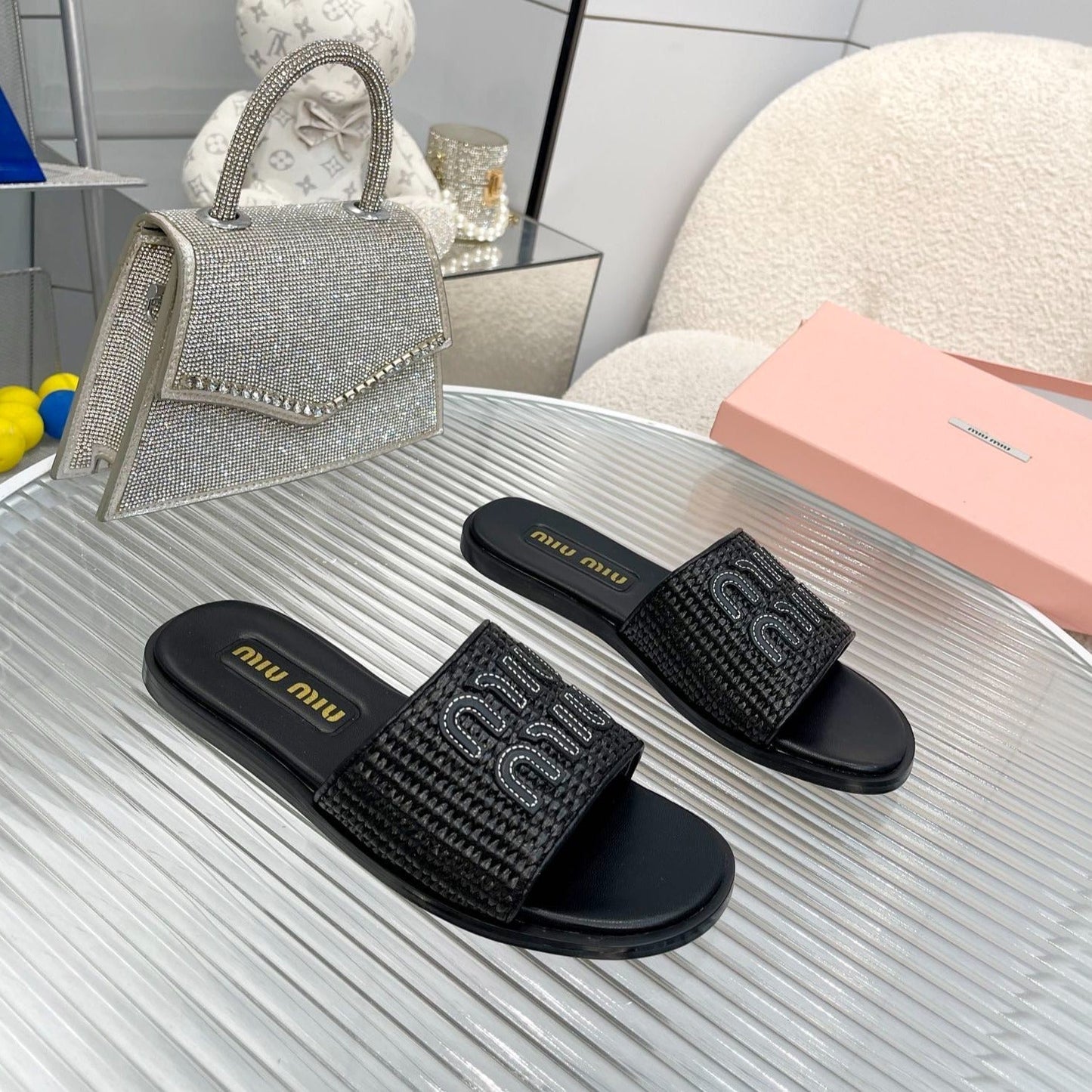Slippers Black Leather With Sedge Straps - 35