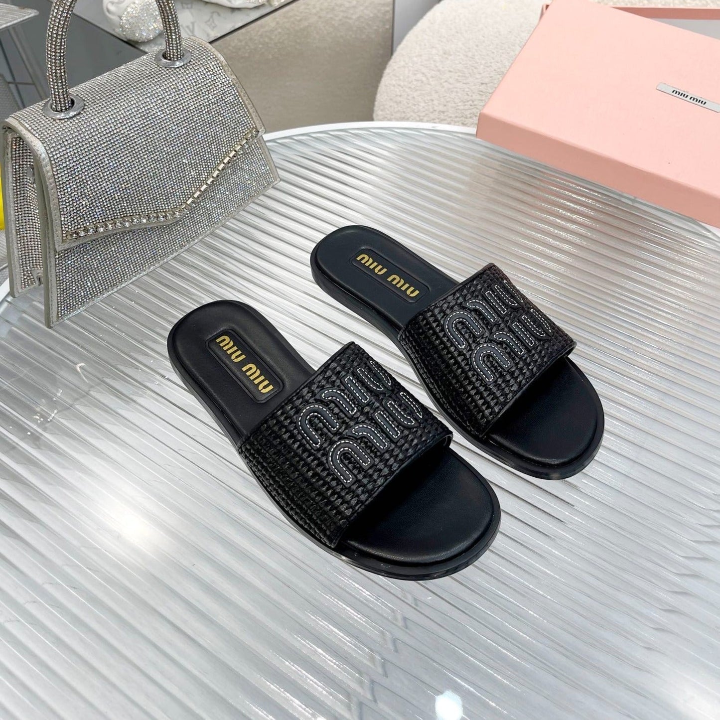 Slippers Black Leather With Sedge Straps - 35