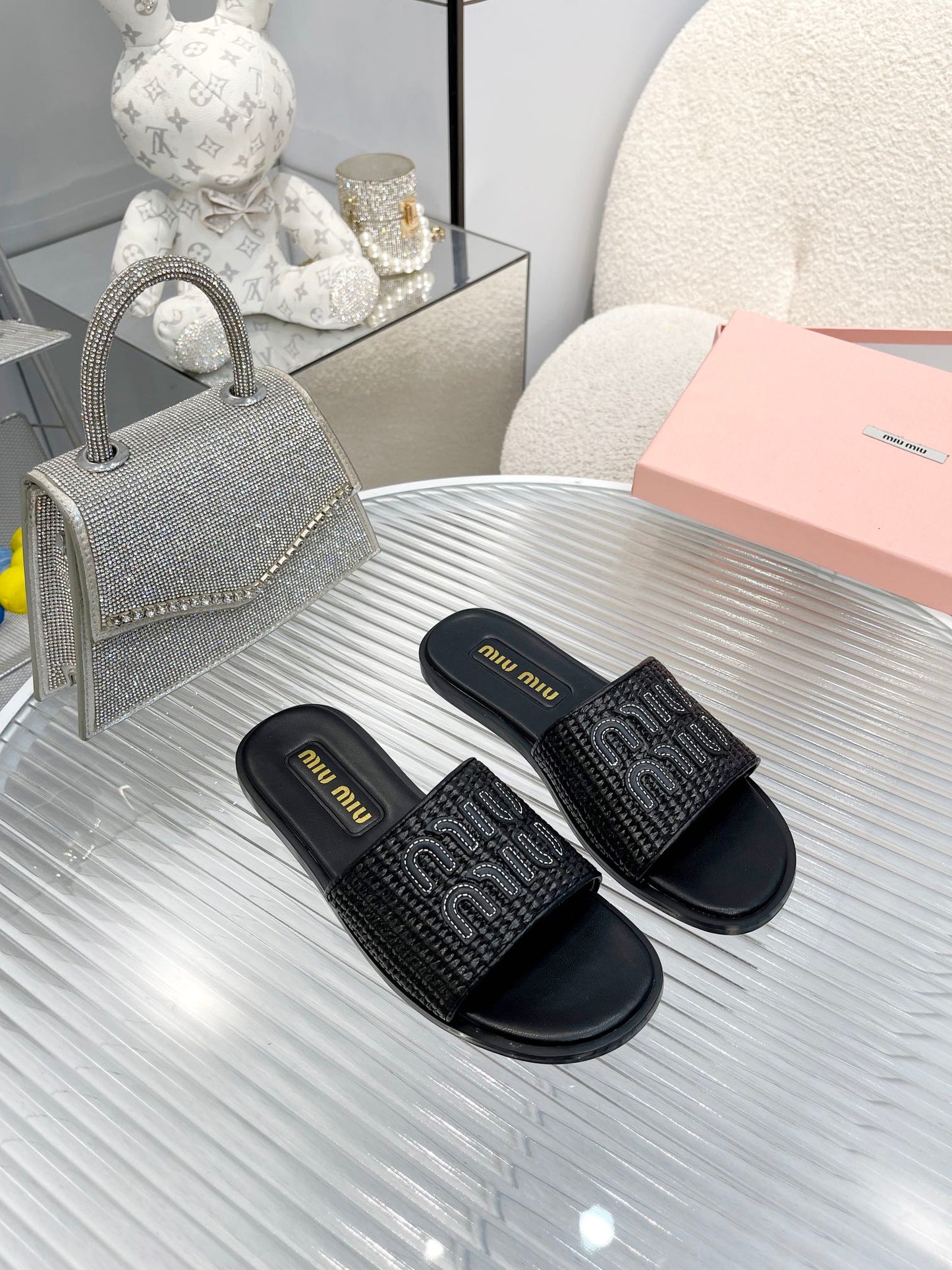 Slippers Black Leather With Sedge Straps - 35