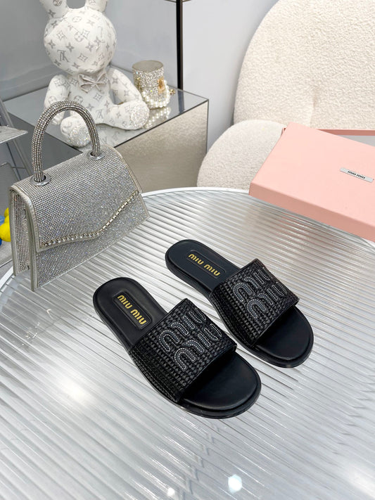 Slippers Black Leather With Sedge Straps - 35