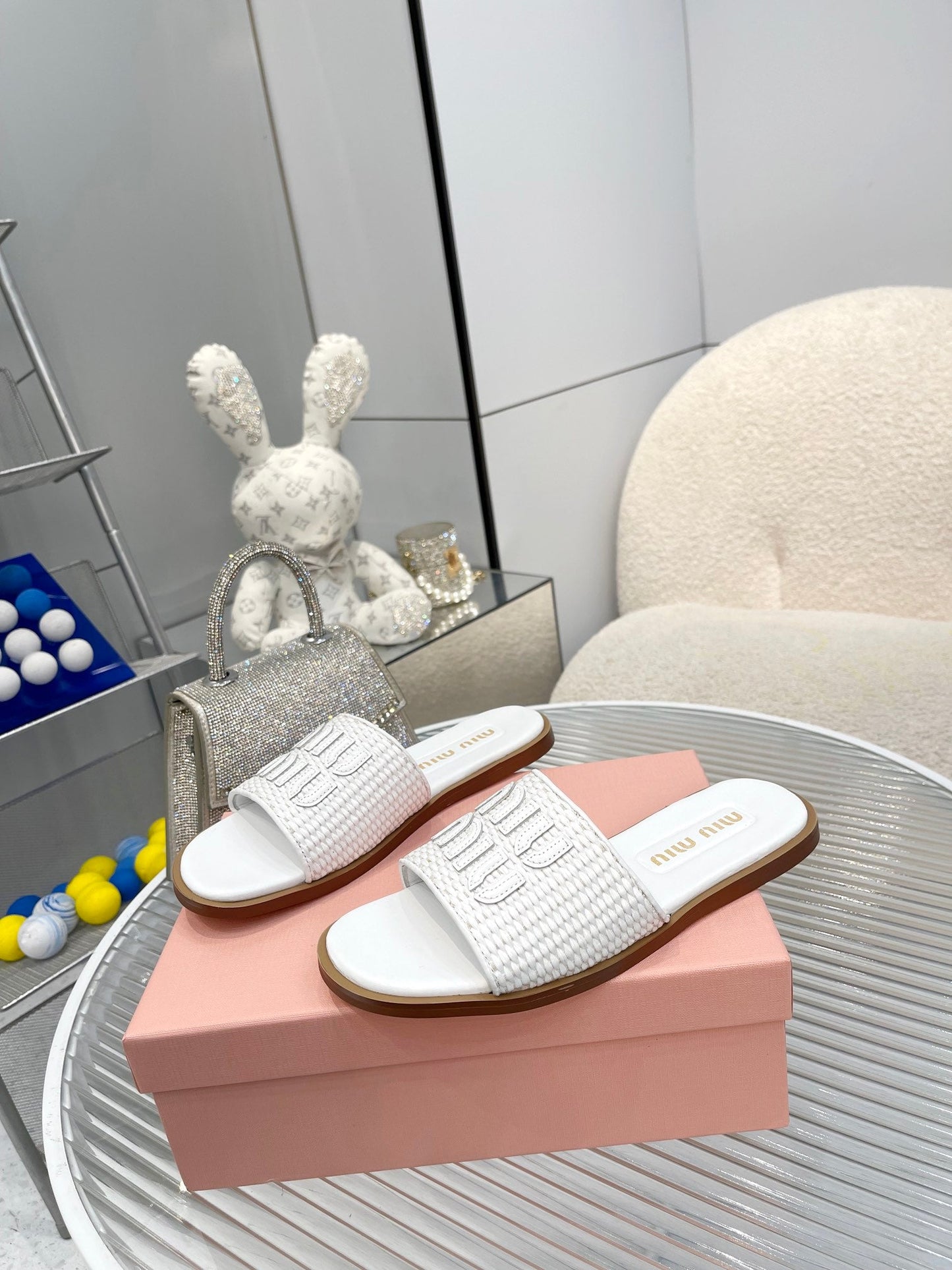 Slippers White Leather With Sedge Straps - 35