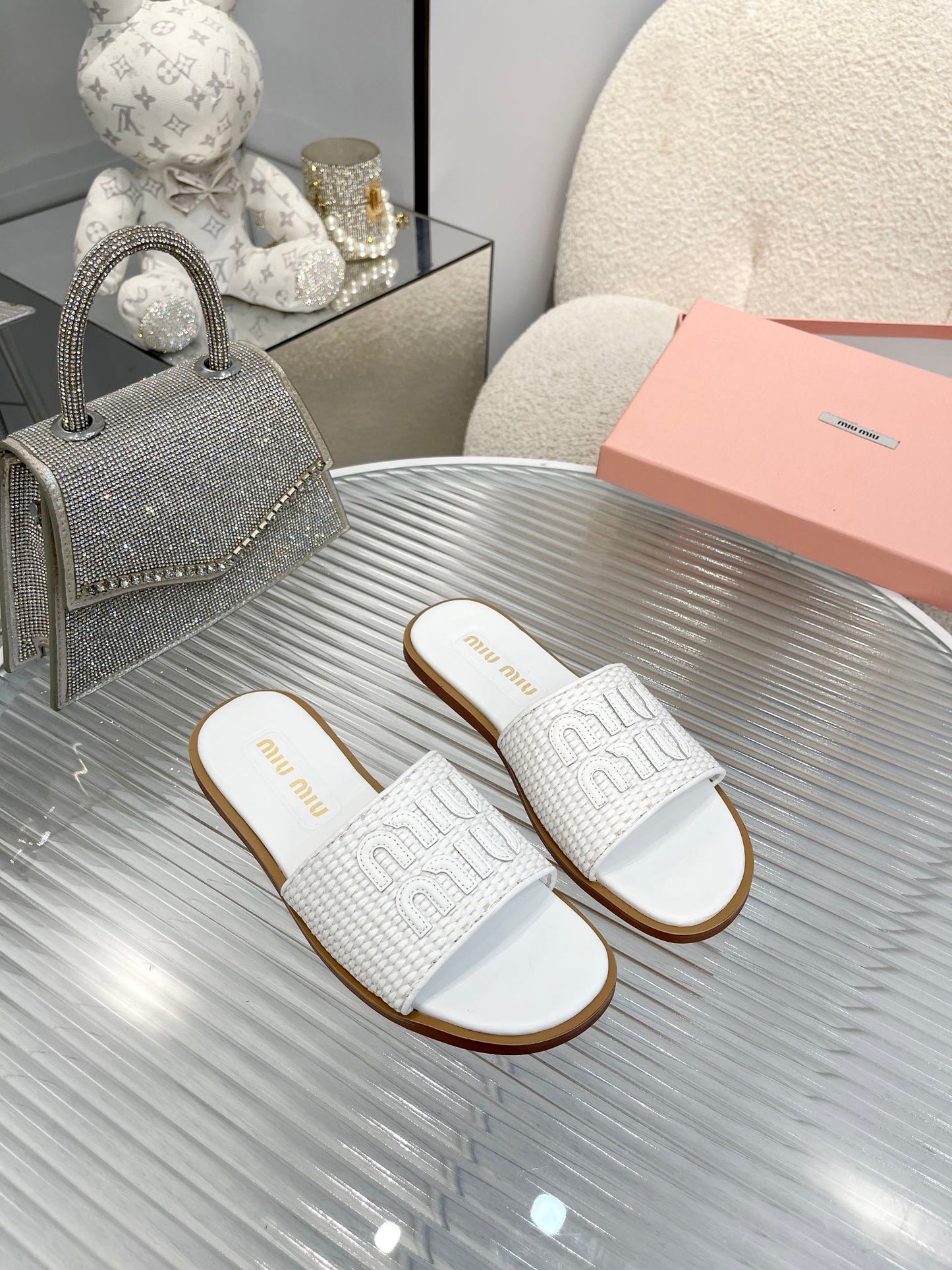Slippers White Leather With Sedge Straps - 35