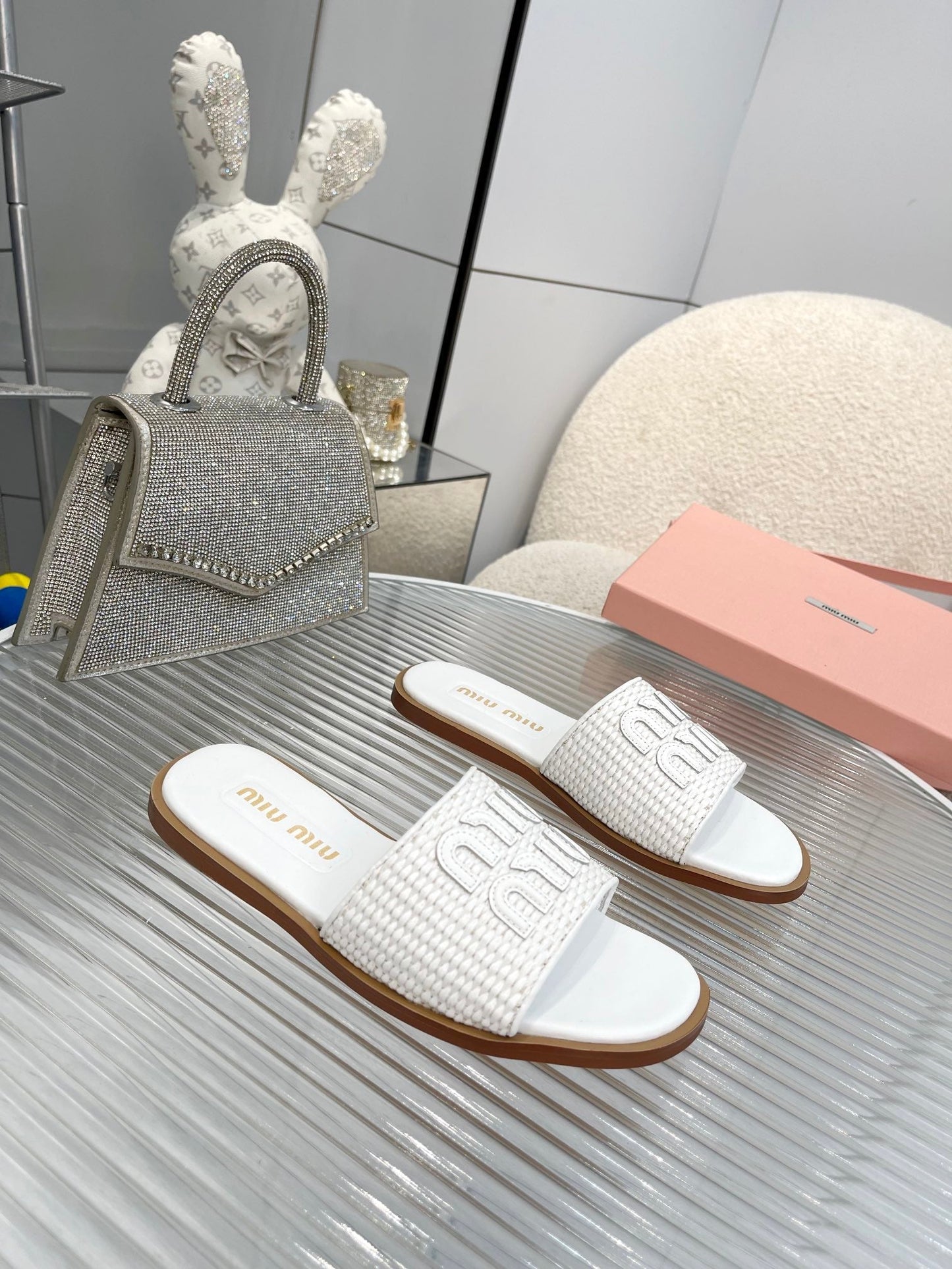 Slippers White Leather With Sedge Straps - 35