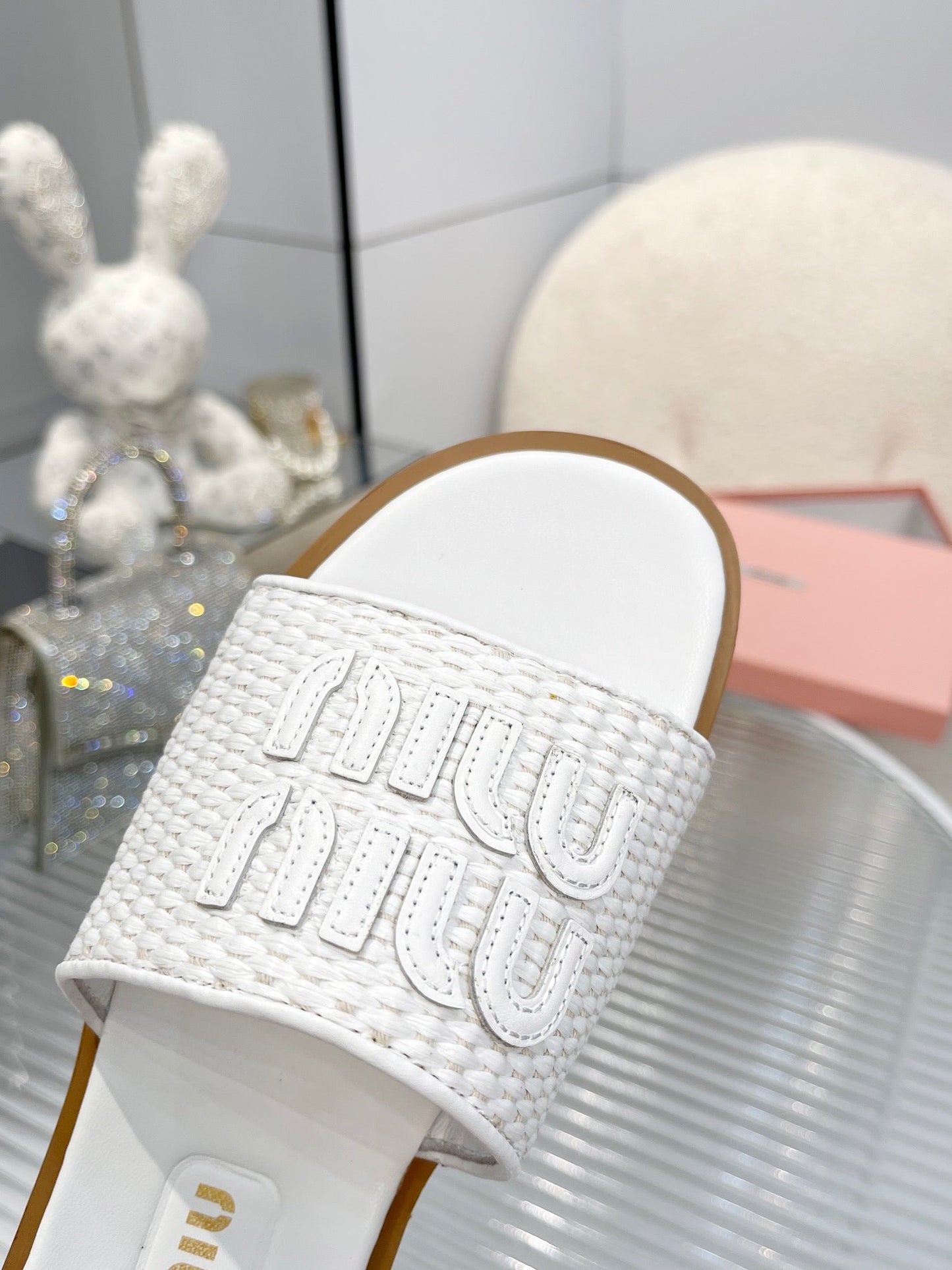 Slippers White Leather With Sedge Straps - 35
