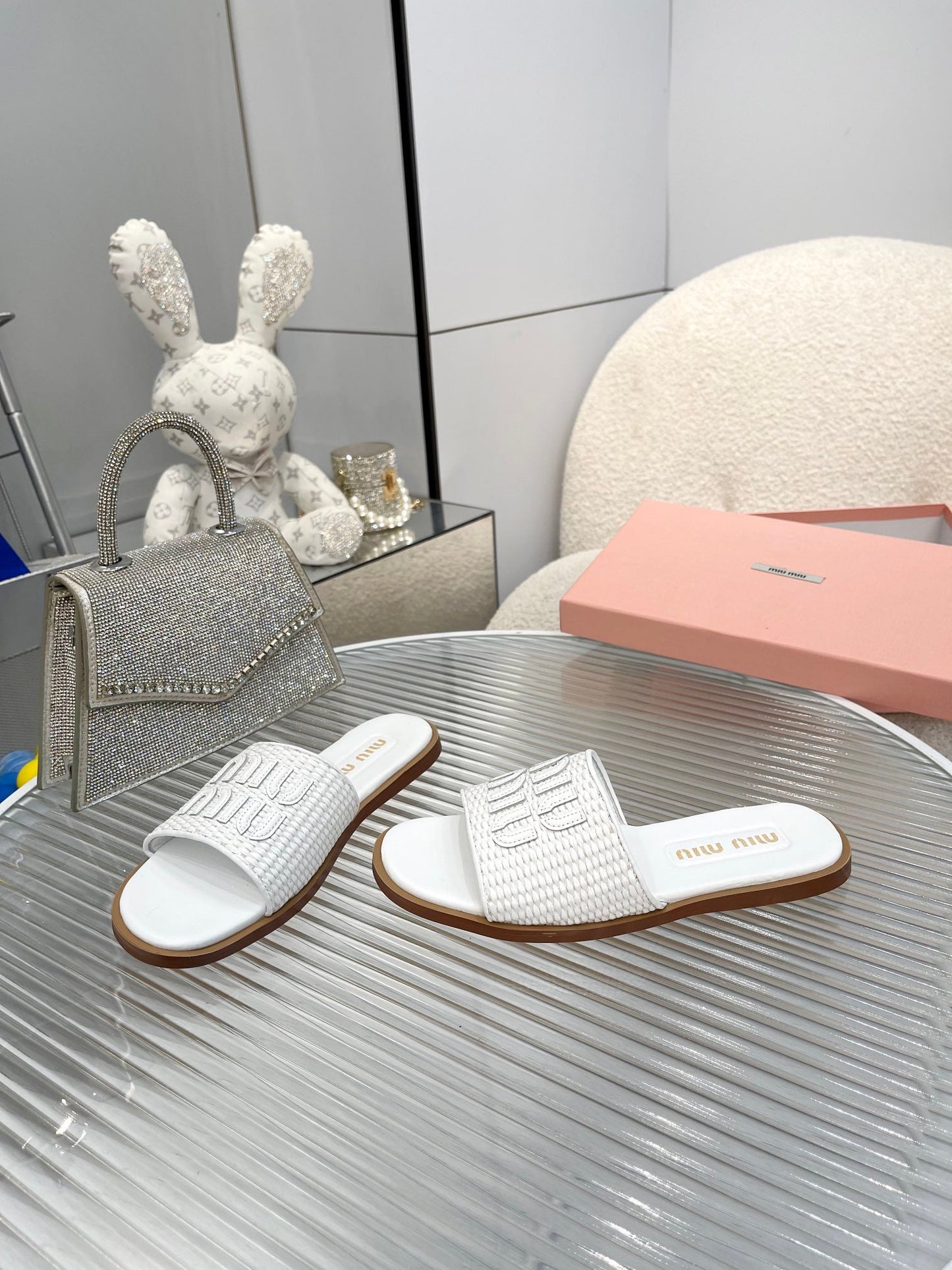 Slippers White Leather With Sedge Straps - 35