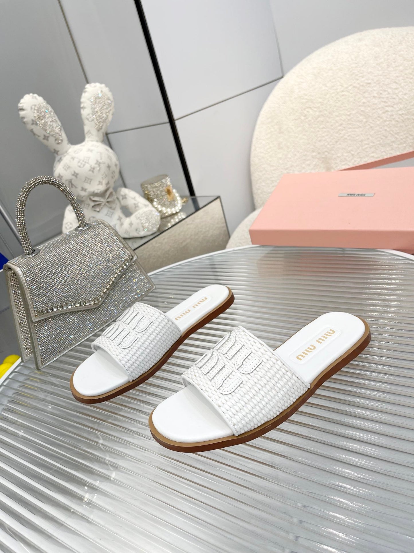 Slippers White Leather With Sedge Straps - 35
