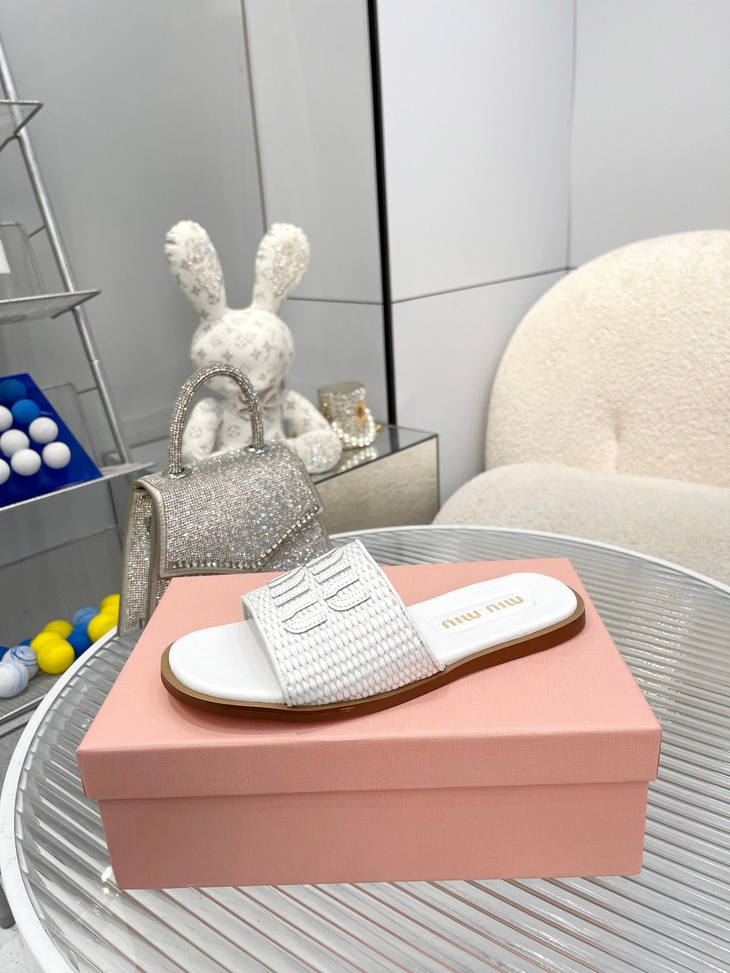 Slippers White Leather With Sedge Straps - 35