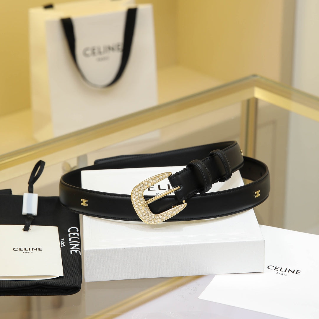 CL MEDIUM 25 MM MARCO BELT WITH STRASS IN BLACK CALFSKIN GOLD HARDWARE - 30