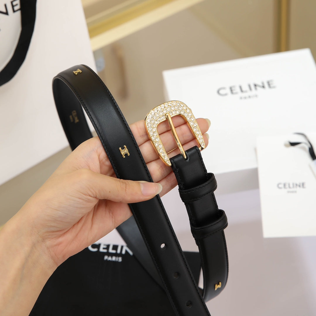 CL MEDIUM 25 MM MARCO BELT WITH STRASS IN BLACK CALFSKIN GOLD HARDWARE - 30