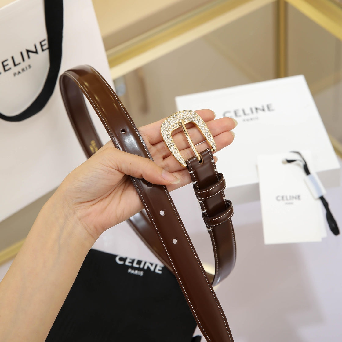 CL MEDIUM 25 MM MARCO BELT WITH STRASS IN CHOCOLATE BROWN CALFSKIN GOLD HARDWARE - 30