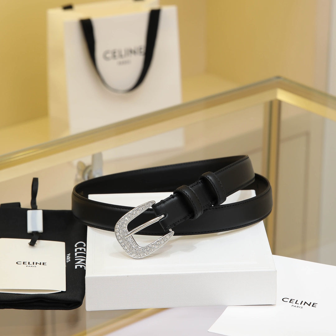 CL MEDIUM 25 MM MARCO BELT WITH STRASS IN BLACK CALFSKIN SILVER HARDWARE - 30