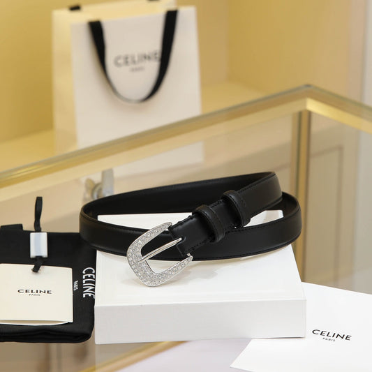 CL MEDIUM 25 MM MARCO BELT WITH STRASS IN BLACK CALFSKIN SILVER HARDWARE - 30