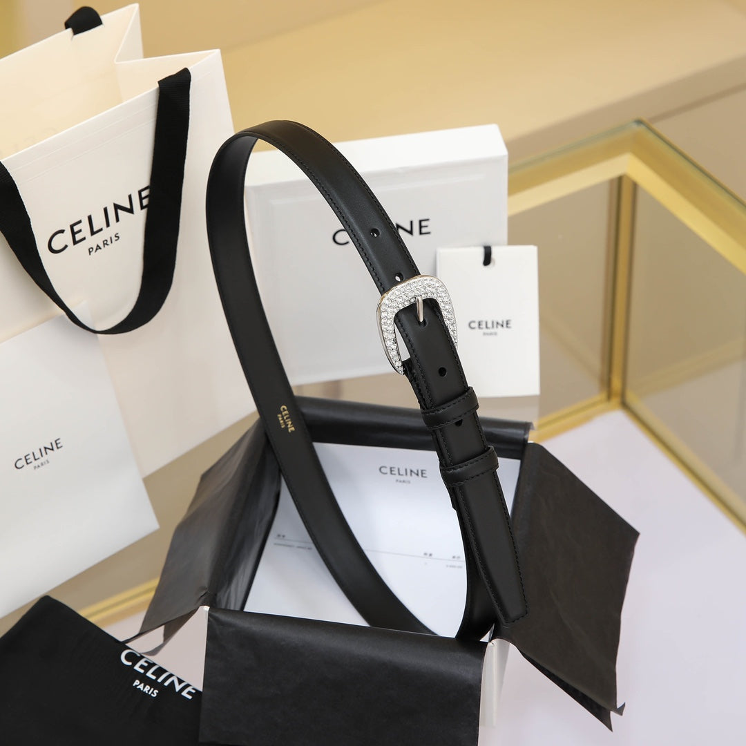 CL MEDIUM 25 MM MARCO BELT WITH STRASS IN BLACK CALFSKIN SILVER HARDWARE - 30