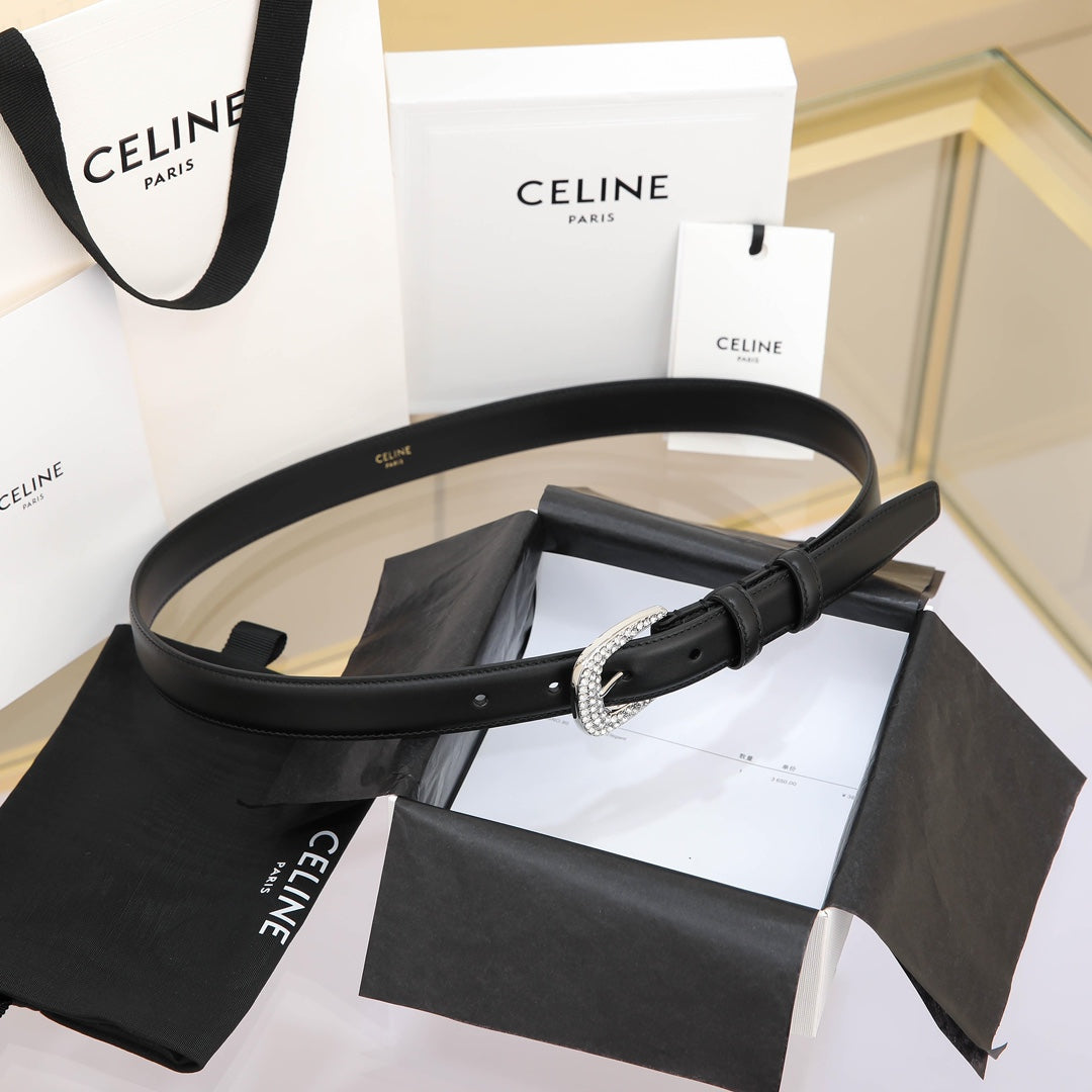 CL MEDIUM 25 MM MARCO BELT WITH STRASS IN BLACK CALFSKIN SILVER HARDWARE - 30
