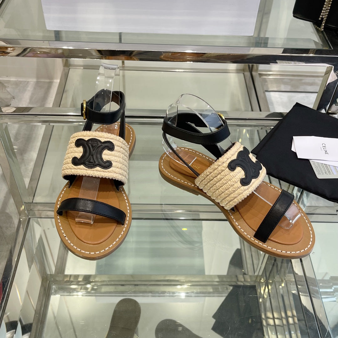 LYMPIAR FLAT STRAP SANDAL IN RAFFIA CALFSKIN BLACK BEIGE - 35