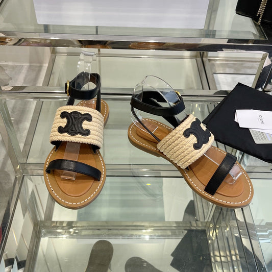 LYMPIAR FLAT STRAP SANDAL IN RAFFIA CALFSKIN BLACK BEIGE - 35