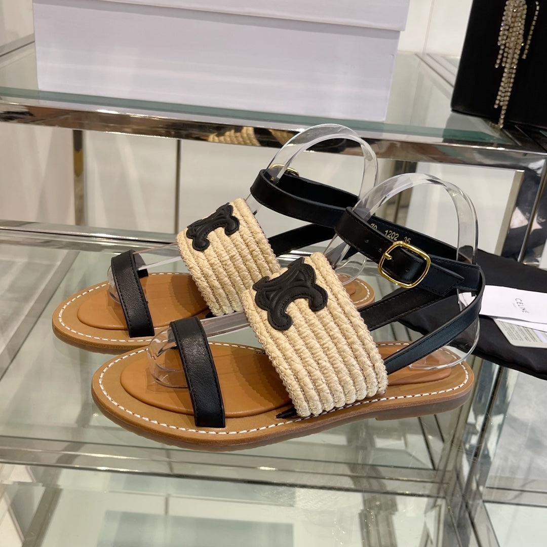LYMPIAR FLAT STRAP SANDAL IN RAFFIA CALFSKIN BLACK BEIGE - 35