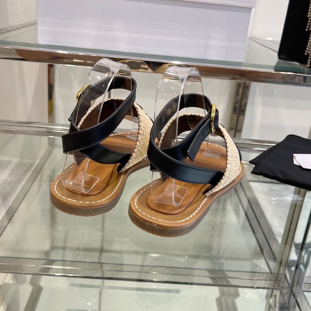 LYMPIAR FLAT STRAP SANDAL IN RAFFIA CALFSKIN BLACK BEIGE - 35