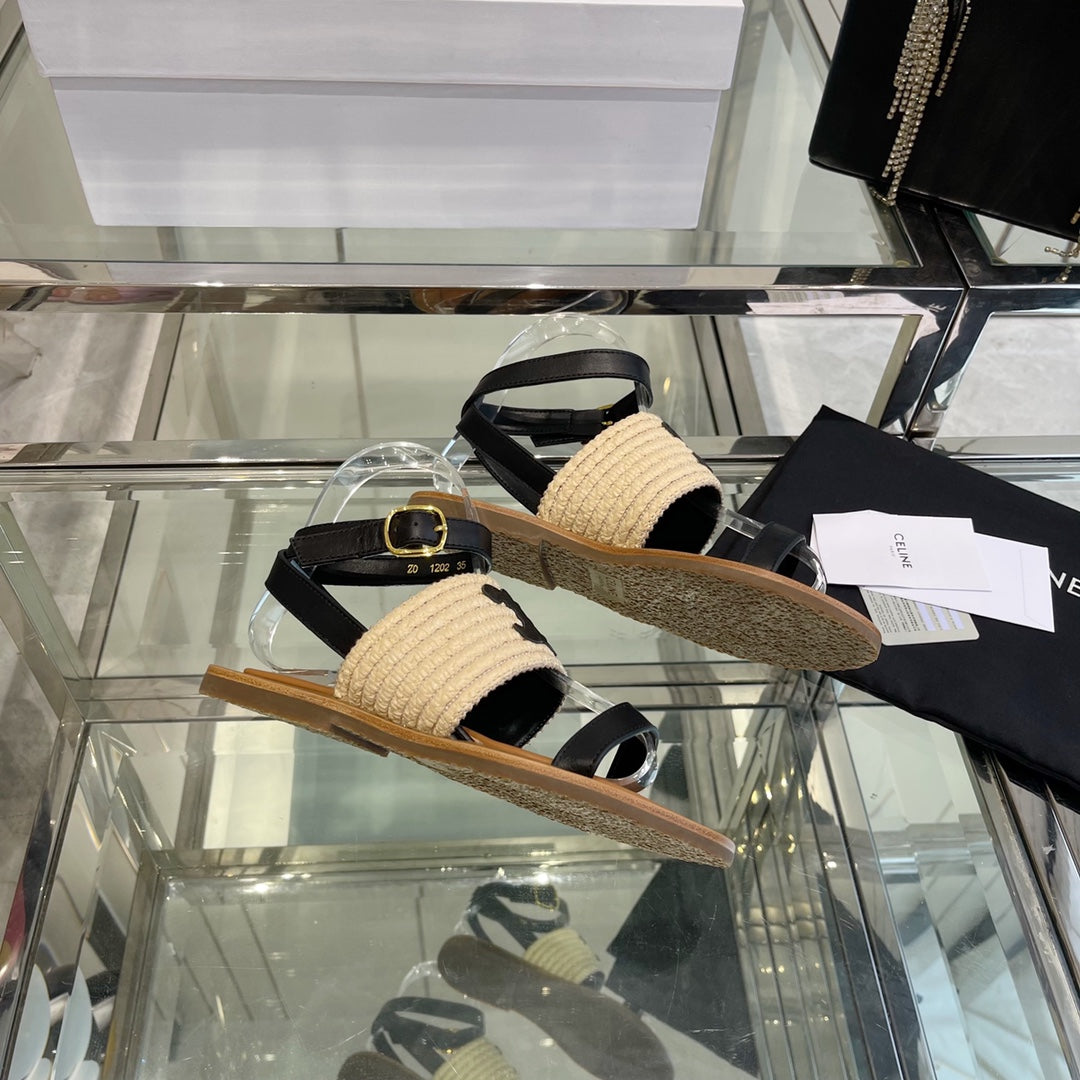 LYMPIAR FLAT STRAP SANDAL IN RAFFIA CALFSKIN BLACK BEIGE - 35