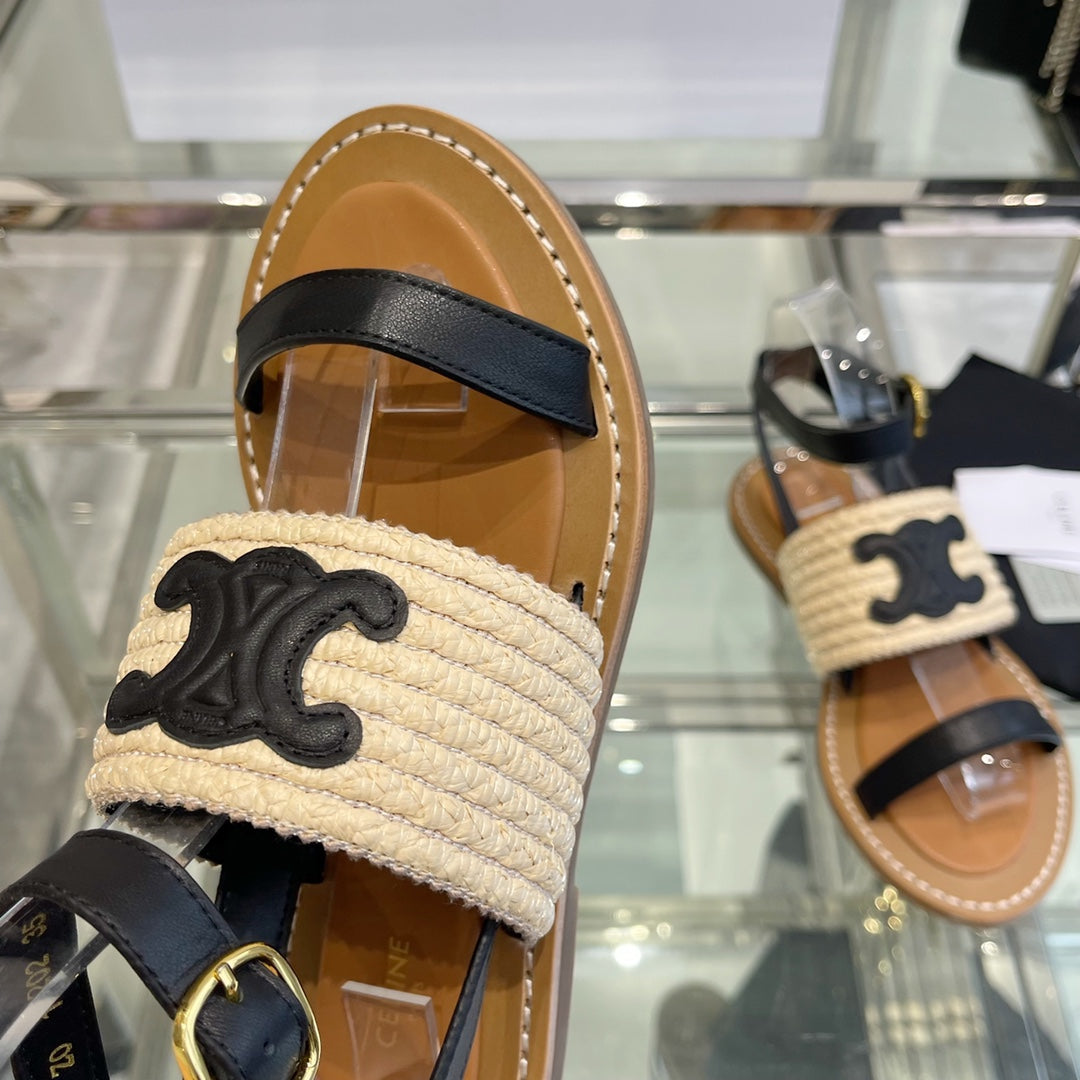 LYMPIAR FLAT STRAP SANDAL IN RAFFIA CALFSKIN BLACK BEIGE - 35