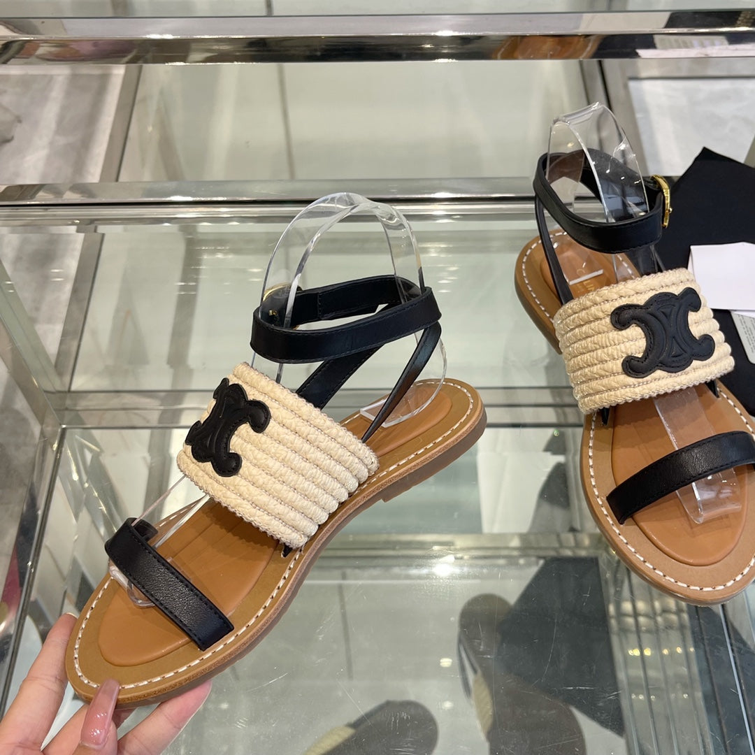 LYMPIAR FLAT STRAP SANDAL IN RAFFIA CALFSKIN BLACK BEIGE - 35