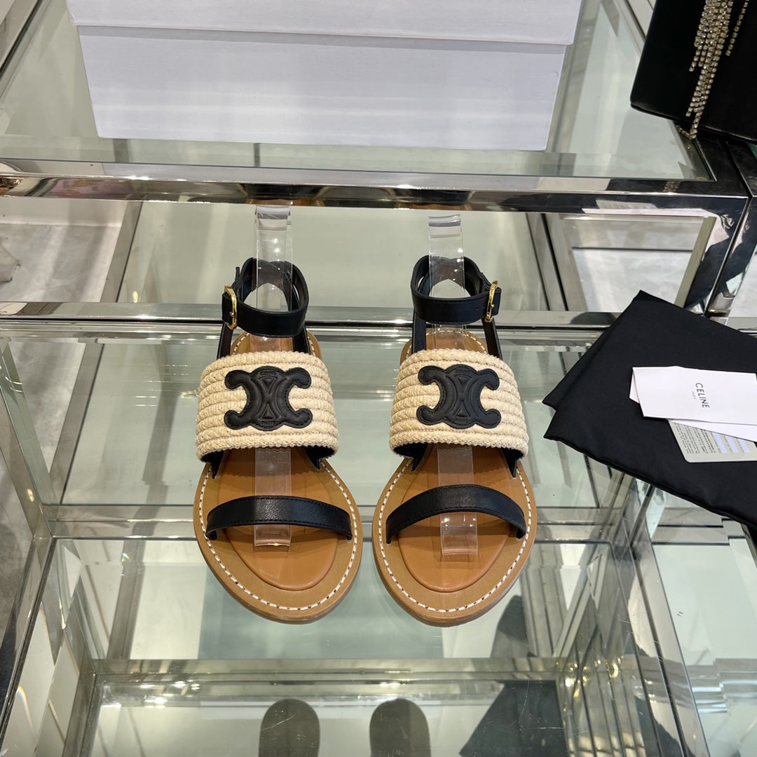 LYMPIAR FLAT STRAP SANDAL IN RAFFIA CALFSKIN BLACK BEIGE - 35