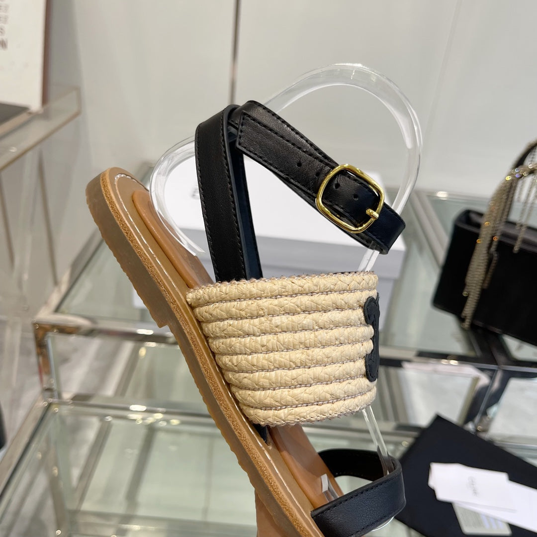 LYMPIAR FLAT STRAP SANDAL IN RAFFIA CALFSKIN BLACK BEIGE - 35
