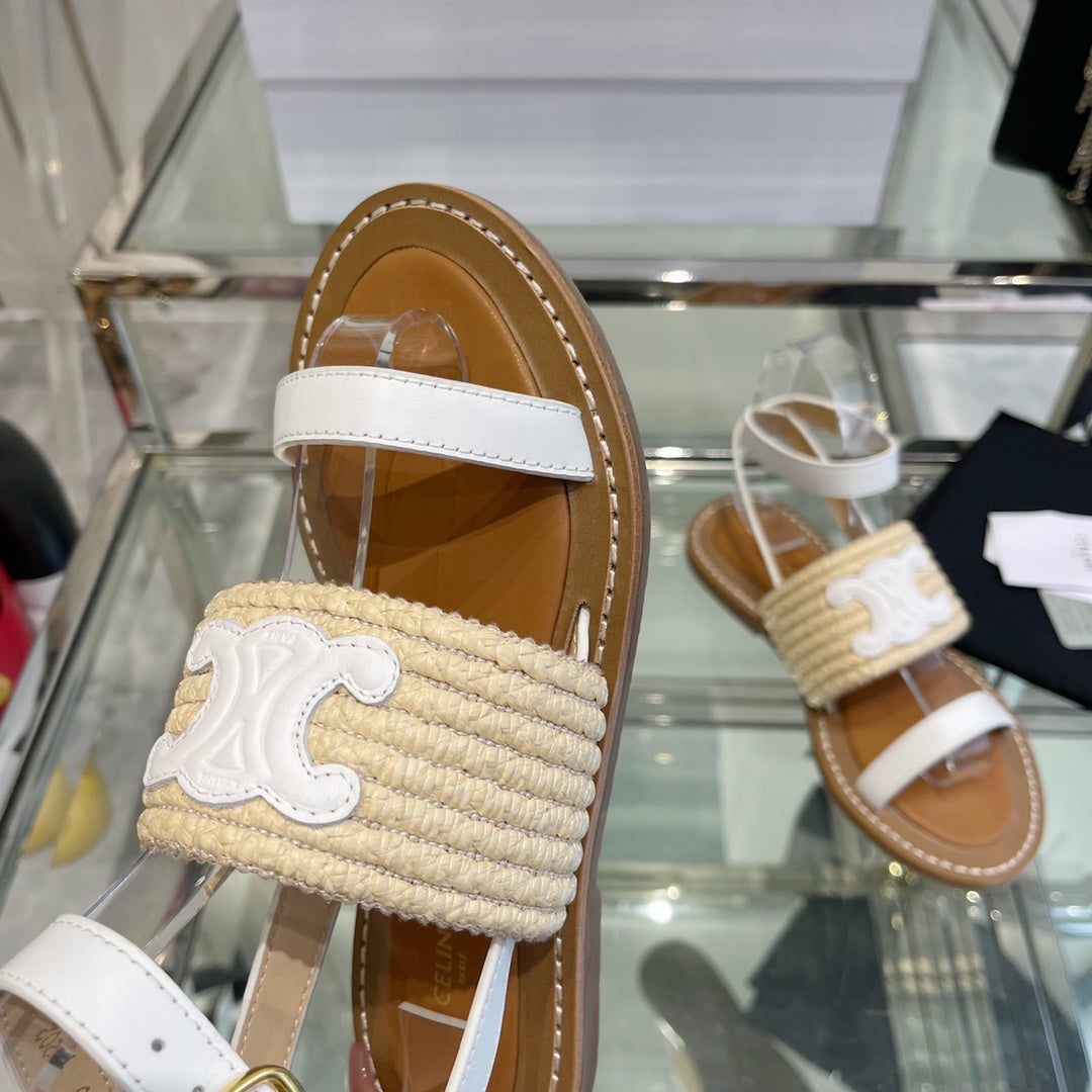 LYMPIAR FLAT STRAP SANDAL IN RAFFIA CALFSKIN WHITE BEIGE - 35