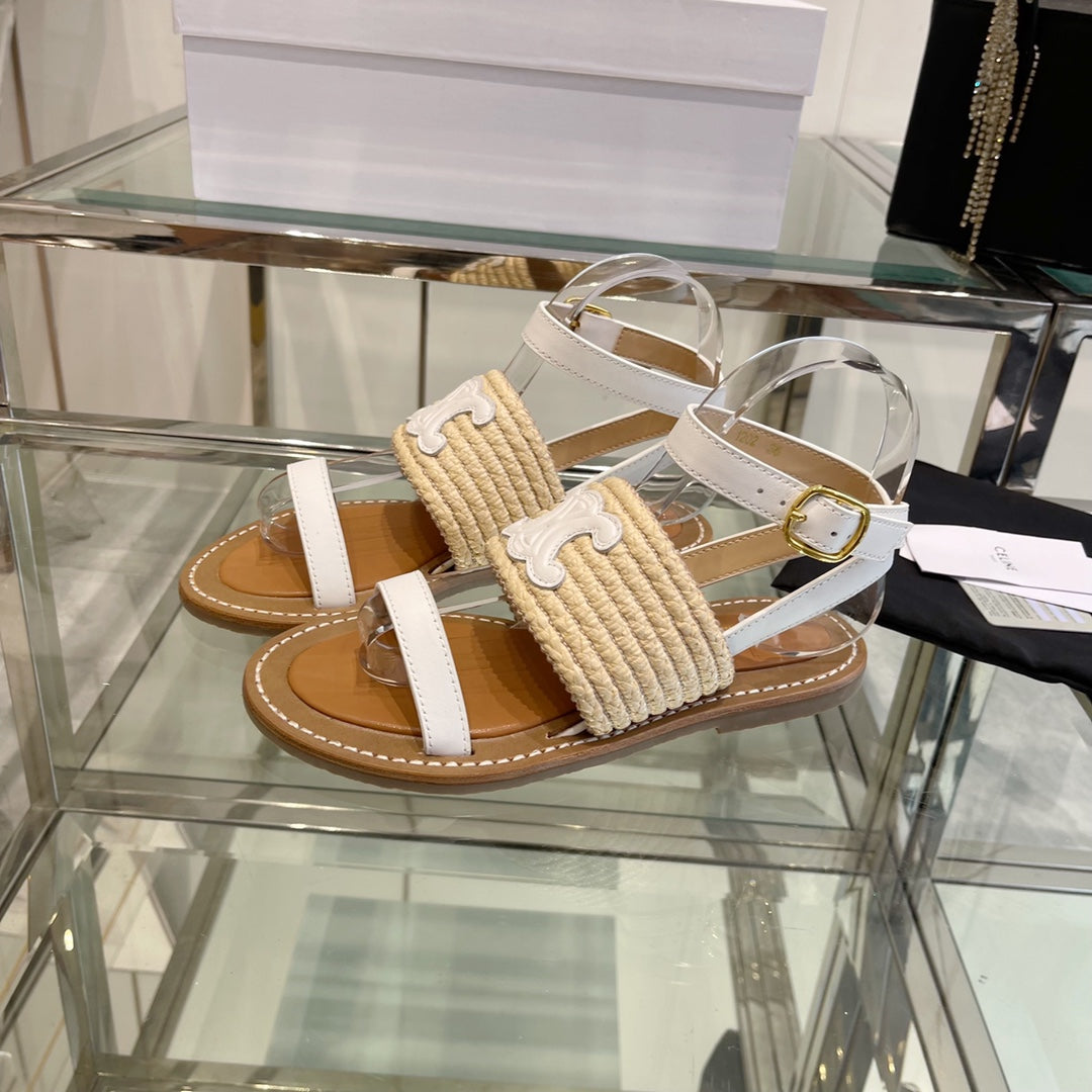 LYMPIAR FLAT STRAP SANDAL IN RAFFIA CALFSKIN WHITE BEIGE - 35
