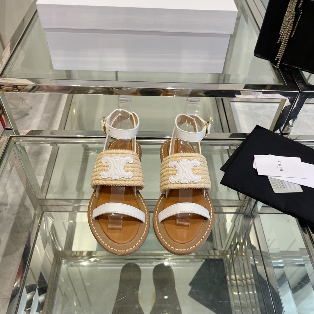 LYMPIAR FLAT STRAP SANDAL IN RAFFIA CALFSKIN WHITE BEIGE - 35