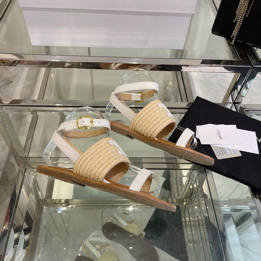LYMPIAR FLAT STRAP SANDAL IN RAFFIA CALFSKIN WHITE BEIGE - 35