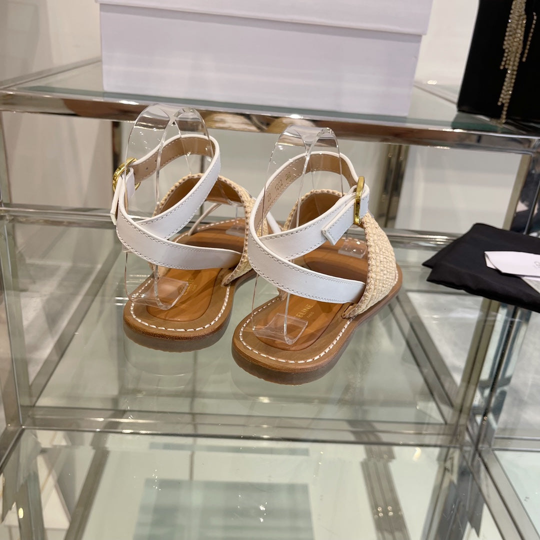 LYMPIAR FLAT STRAP SANDAL IN RAFFIA CALFSKIN WHITE BEIGE - 35