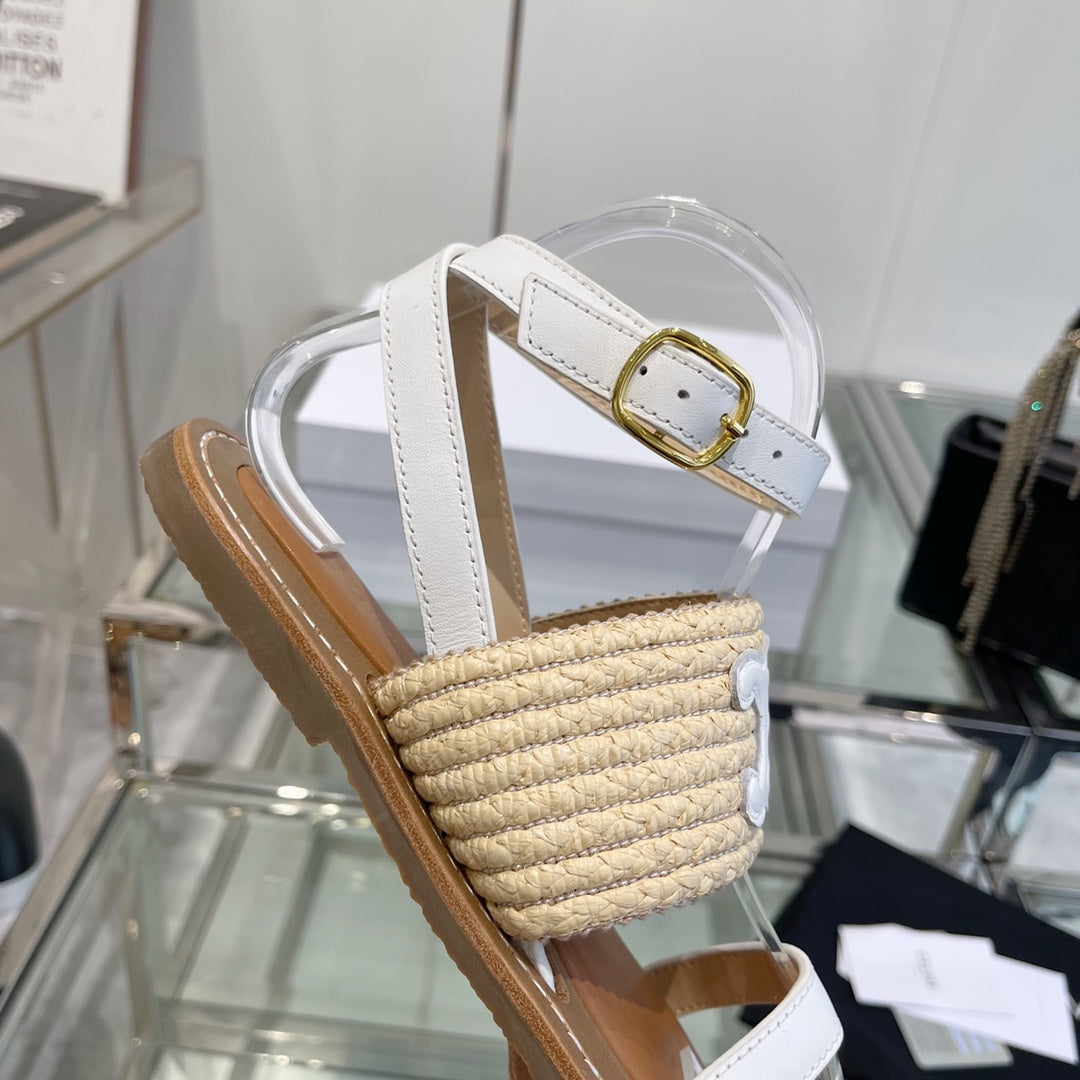 LYMPIAR FLAT STRAP SANDAL IN RAFFIA CALFSKIN WHITE BEIGE - 35