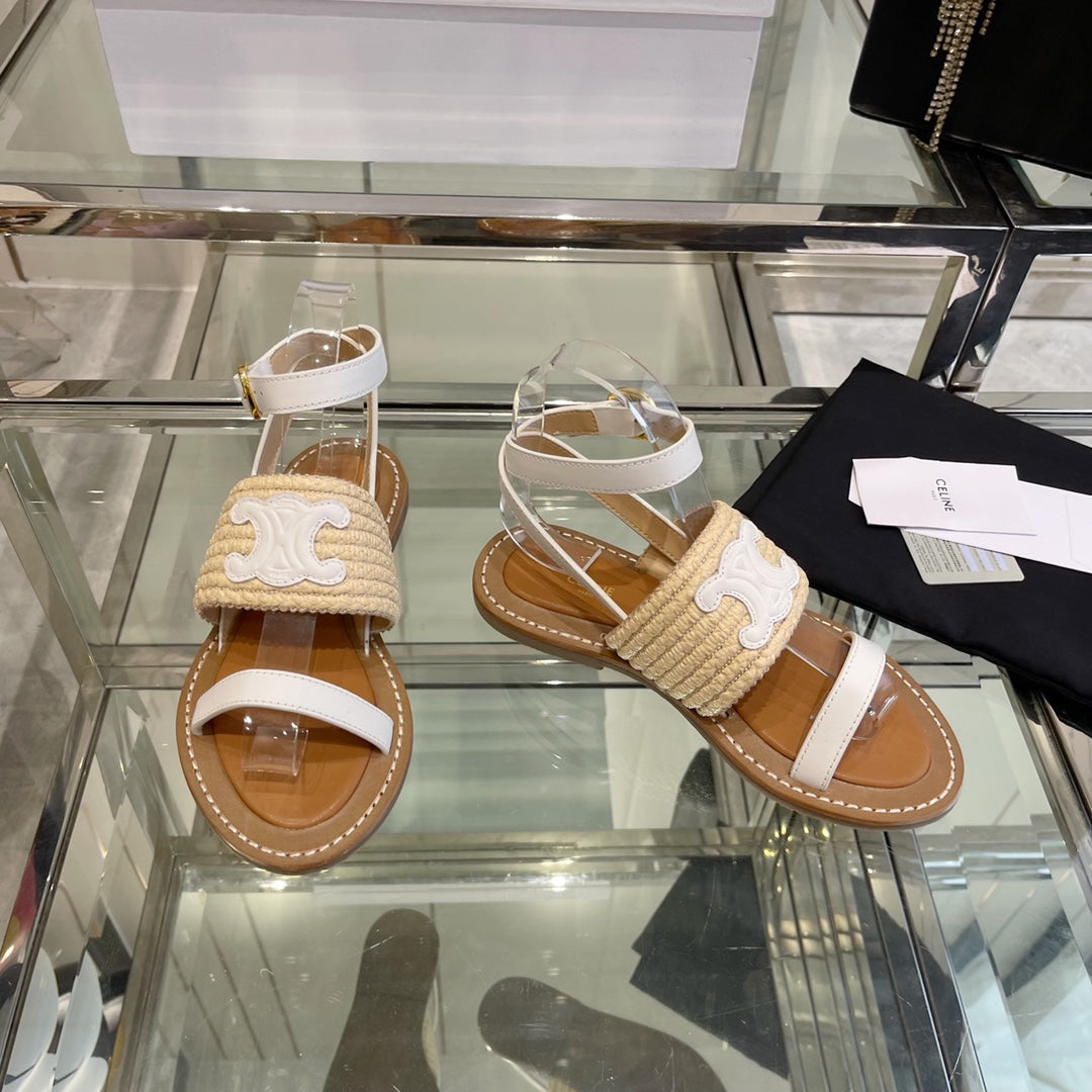 LYMPIAR FLAT STRAP SANDAL IN RAFFIA CALFSKIN WHITE BEIGE - 35
