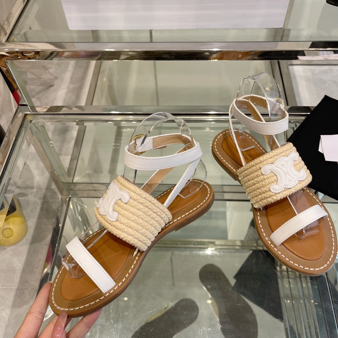 LYMPIAR FLAT STRAP SANDAL IN RAFFIA CALFSKIN WHITE BEIGE - 35