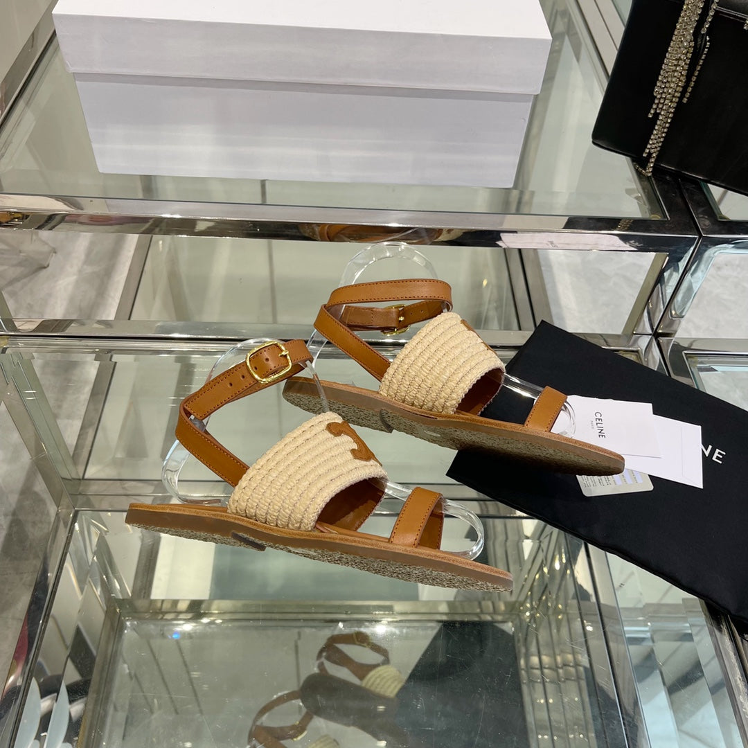 LYMPIAR FLAT STRAP SANDAL IN RAFFIA CALFSKIN WHITE CARAMEL BROWN - 35