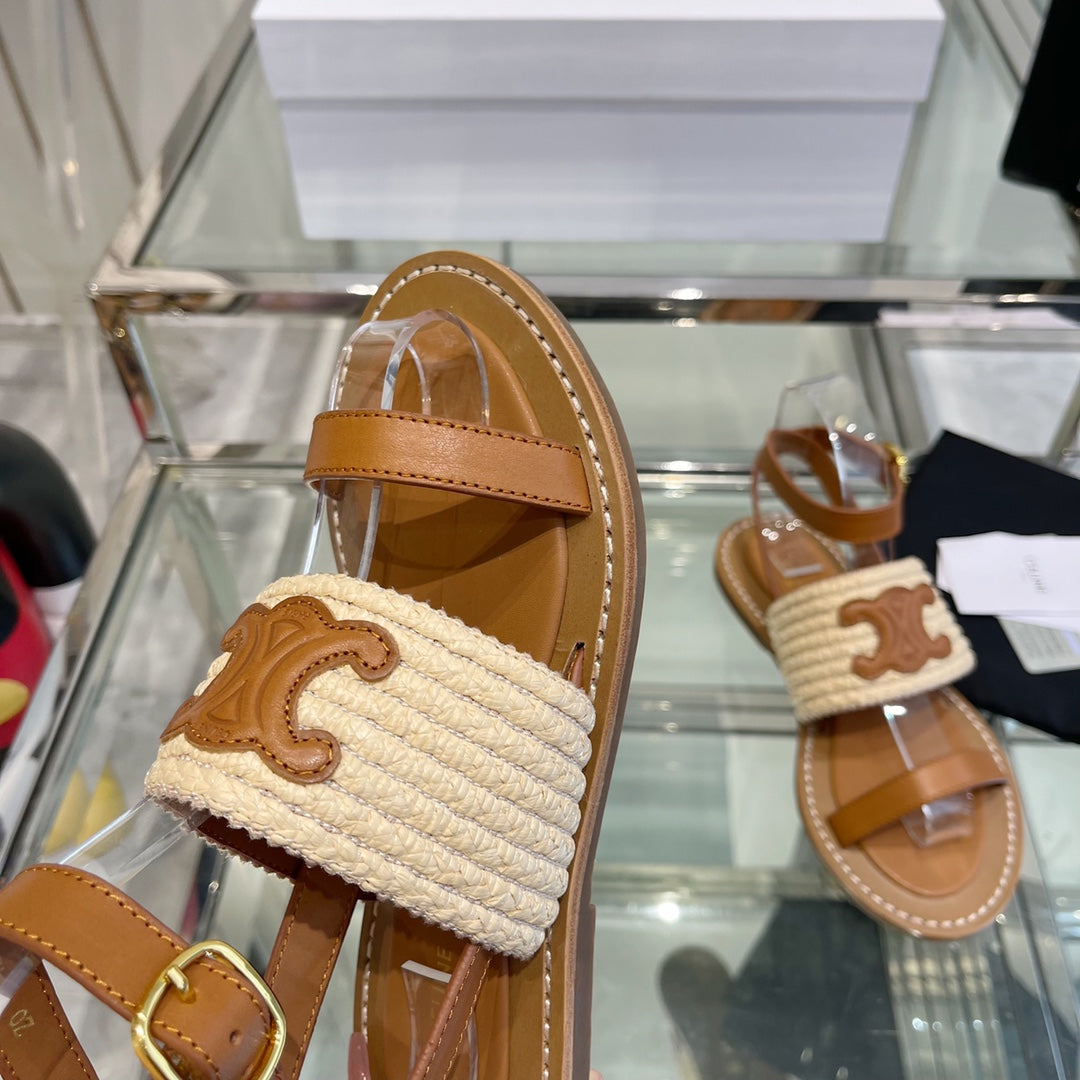 LYMPIAR FLAT STRAP SANDAL IN RAFFIA CALFSKIN WHITE CARAMEL BROWN - 35