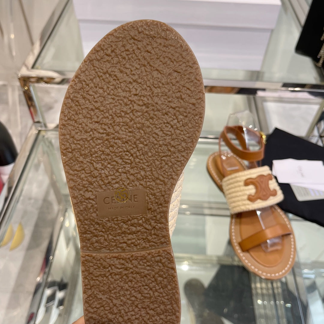 LYMPIAR FLAT STRAP SANDAL IN RAFFIA CALFSKIN WHITE CARAMEL BROWN - 35