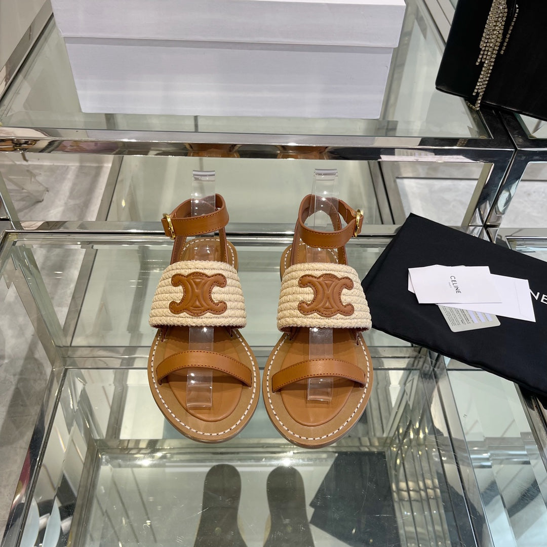 LYMPIAR FLAT STRAP SANDAL IN RAFFIA CALFSKIN WHITE CARAMEL BROWN - 35