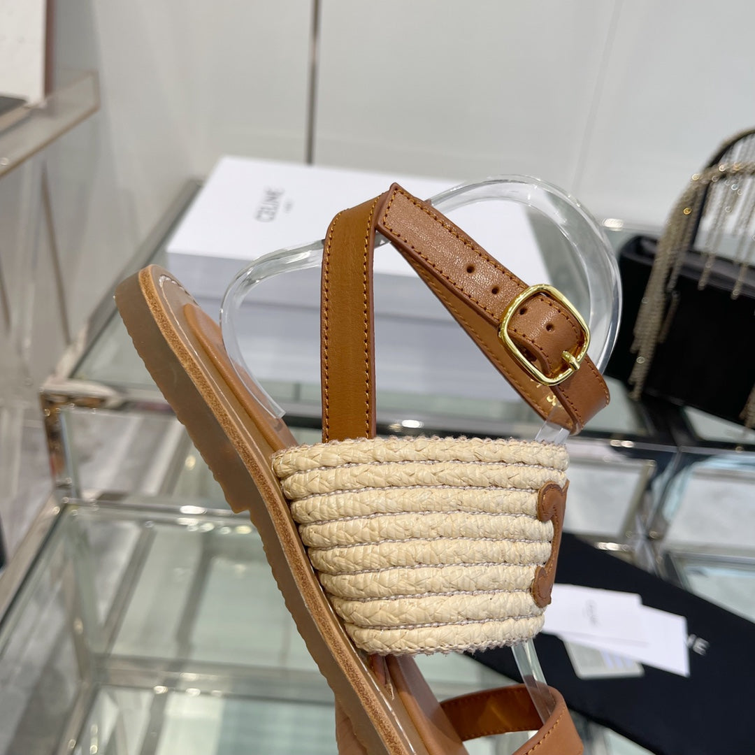LYMPIAR FLAT STRAP SANDAL IN RAFFIA CALFSKIN WHITE CARAMEL BROWN - 35